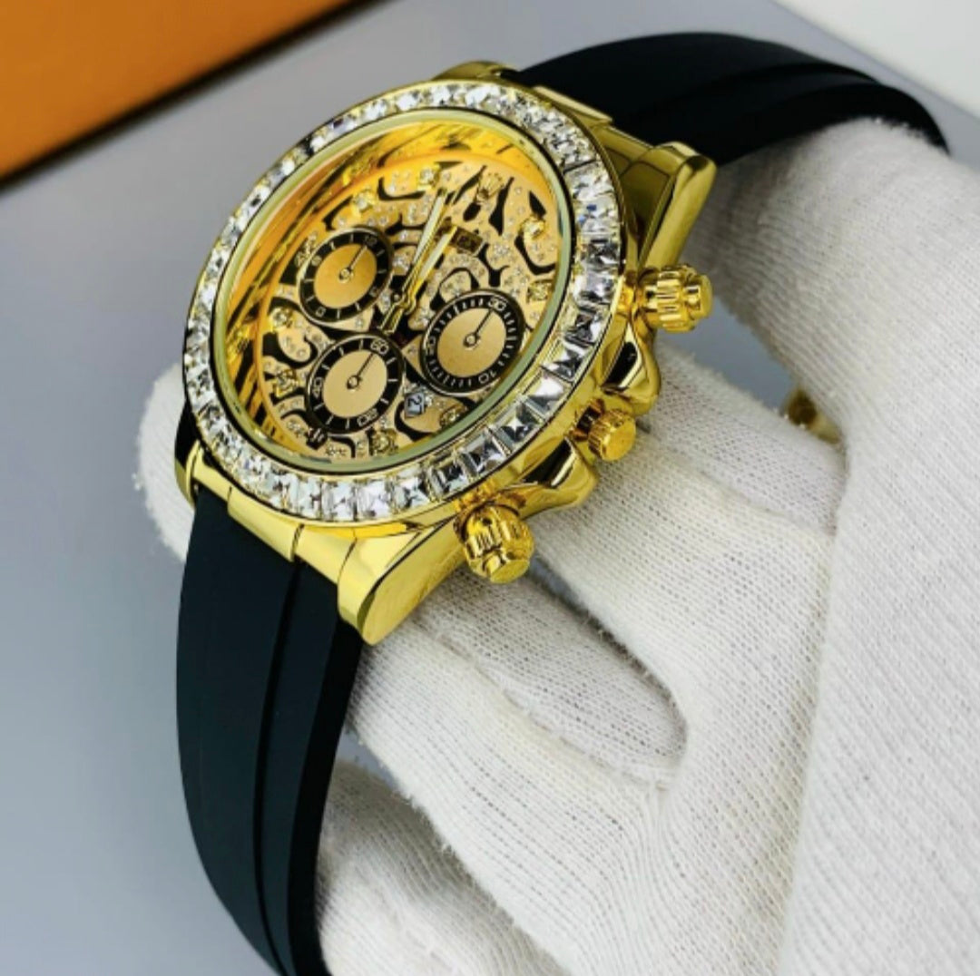 Luxury Daytona Golden Watch With Black Strap and Diamond Accents