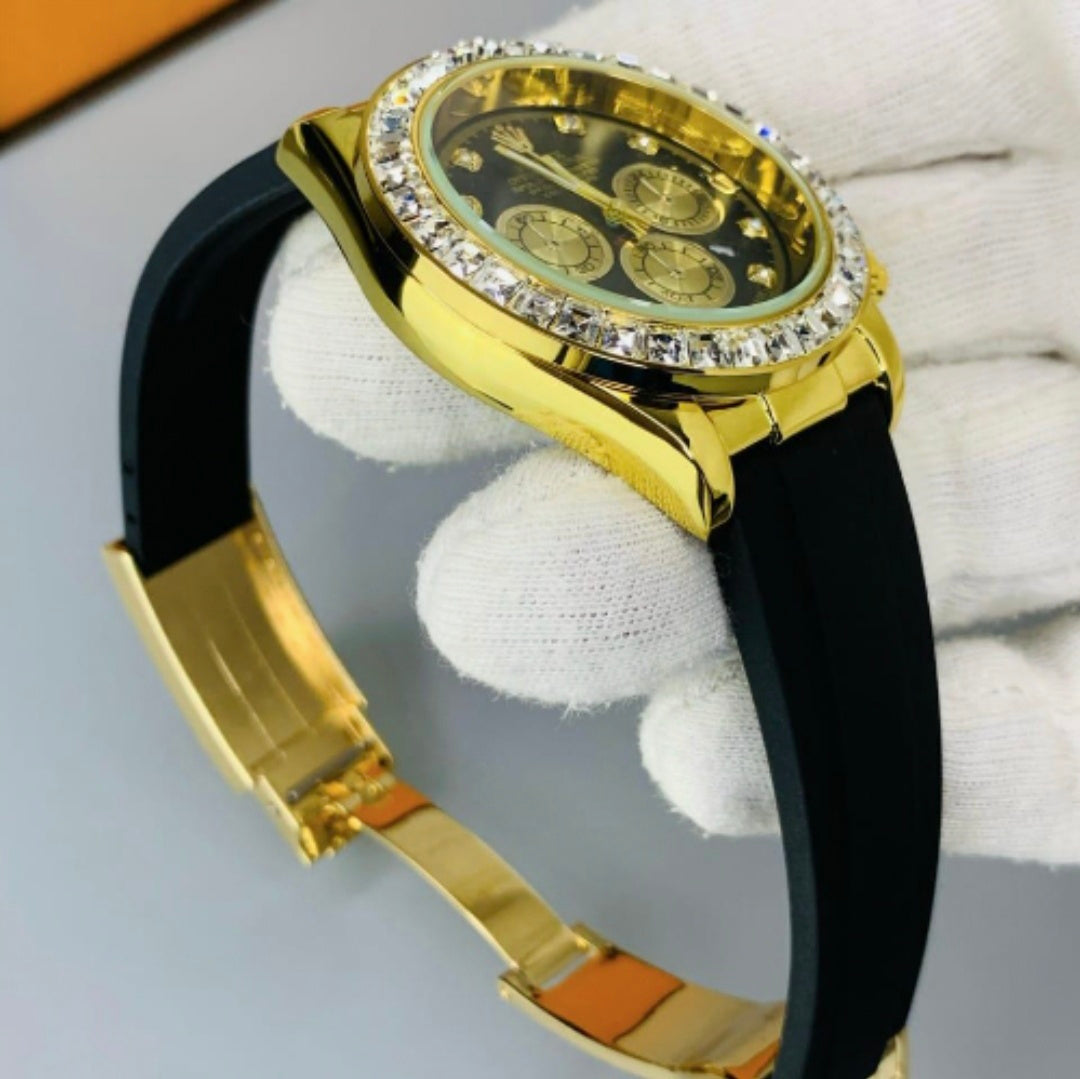 Luxury Daytona Golden Watch With Black Strap and Diamond Accents