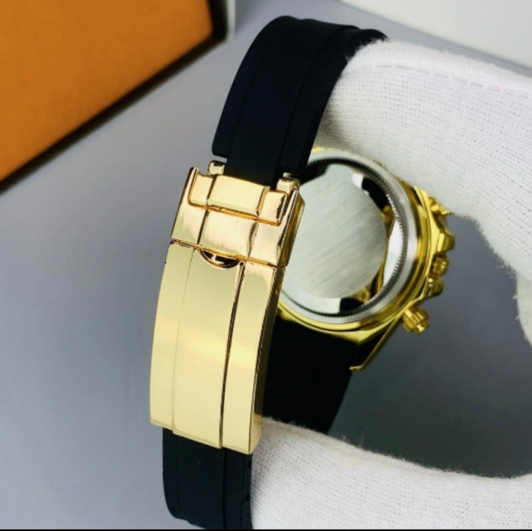 Luxury Daytona Golden Watch With Black Strap and Diamond Accents