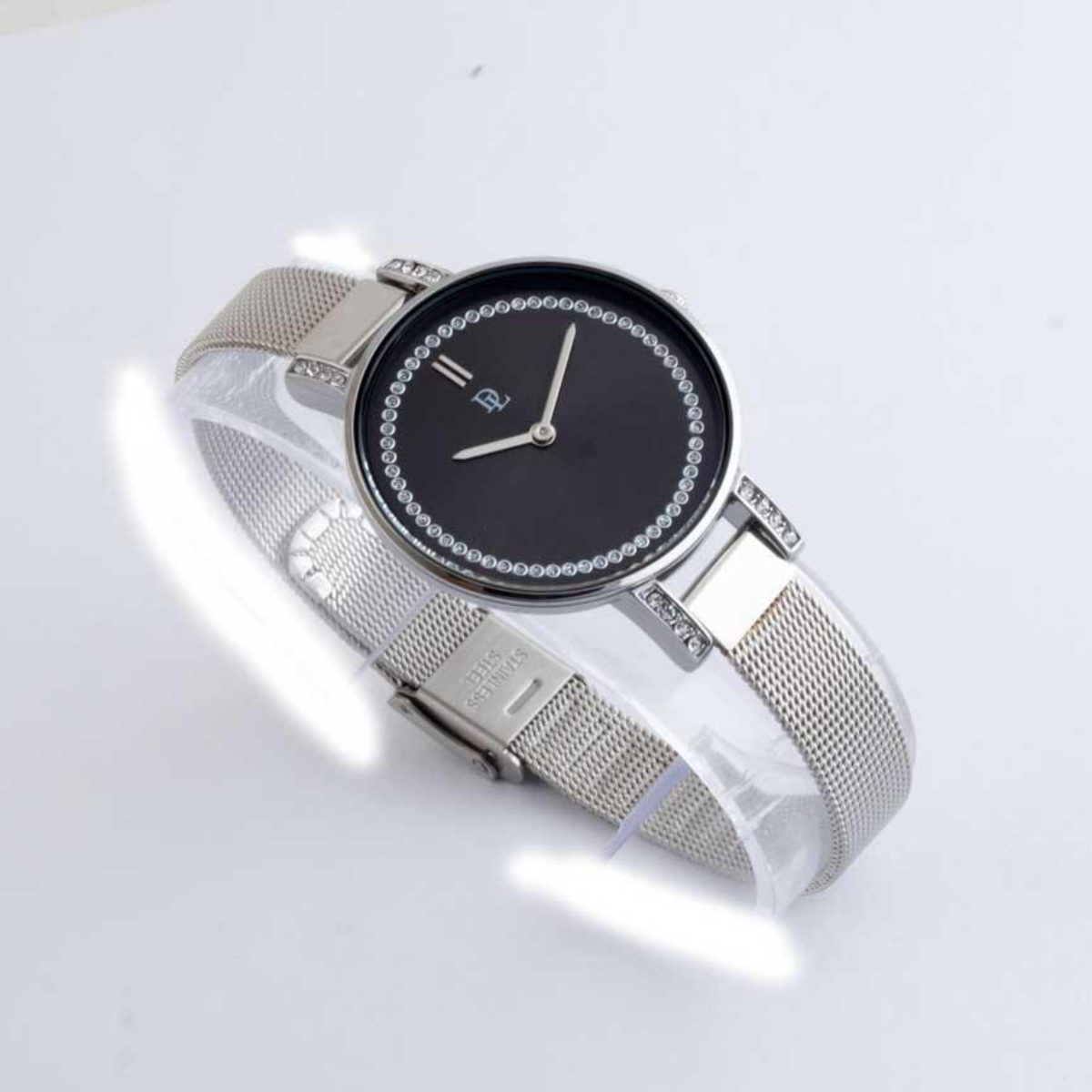 Noire Elegance – Black Dial Crystal Accent Mesh Watch
